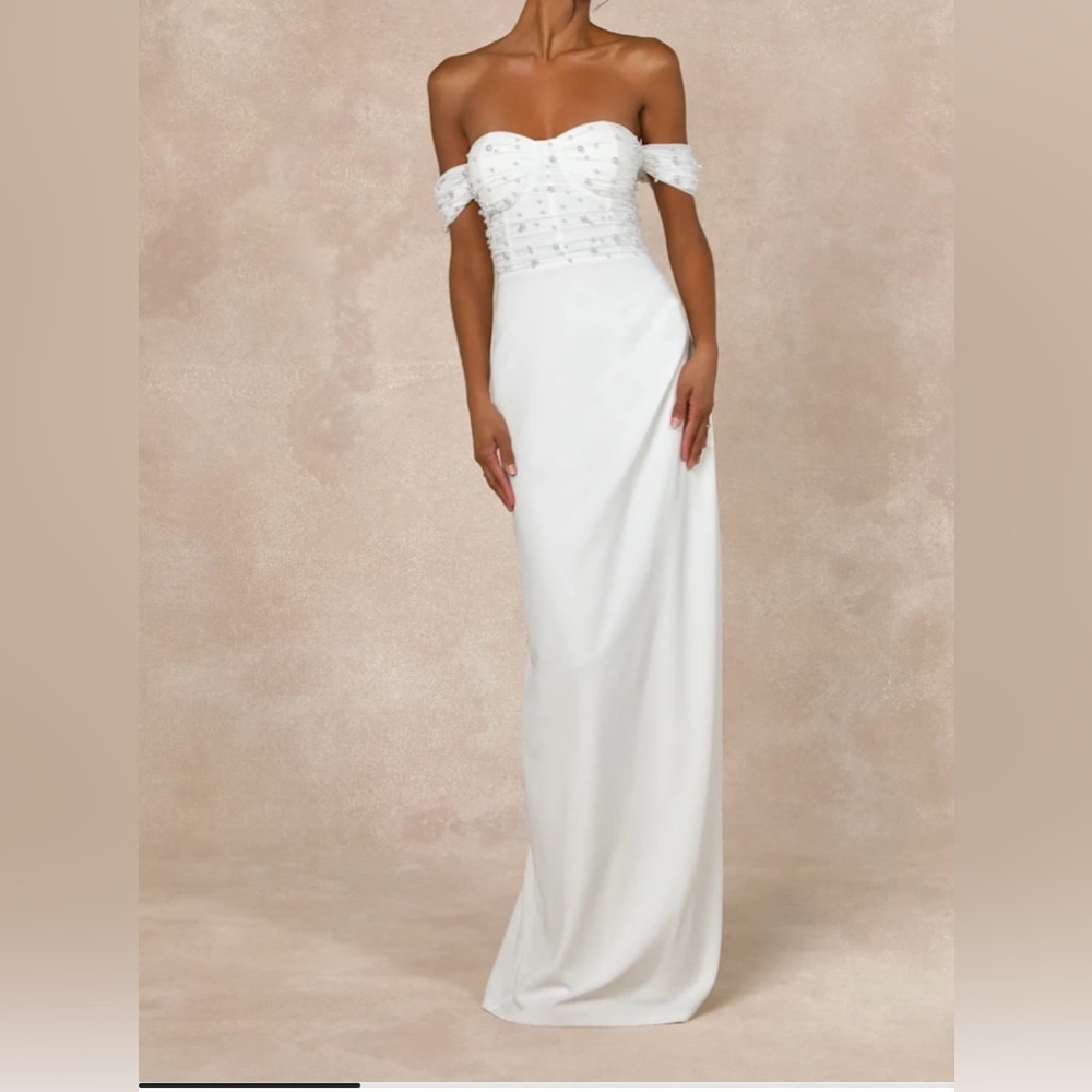 White Mesh Pearl Bustier Maxi Dress - Never Worn